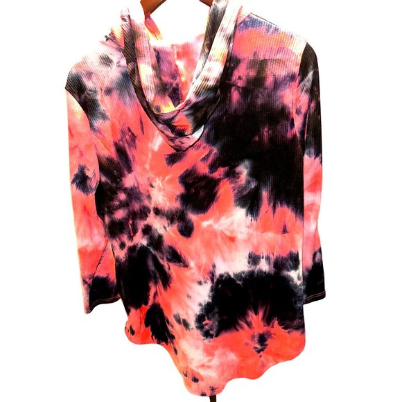 Discreet ❤️❤️❤️ Salmon Pink & Black Tie Die Thin Rayon Spandex Blend Long Sleeve - Picture 2 of 5